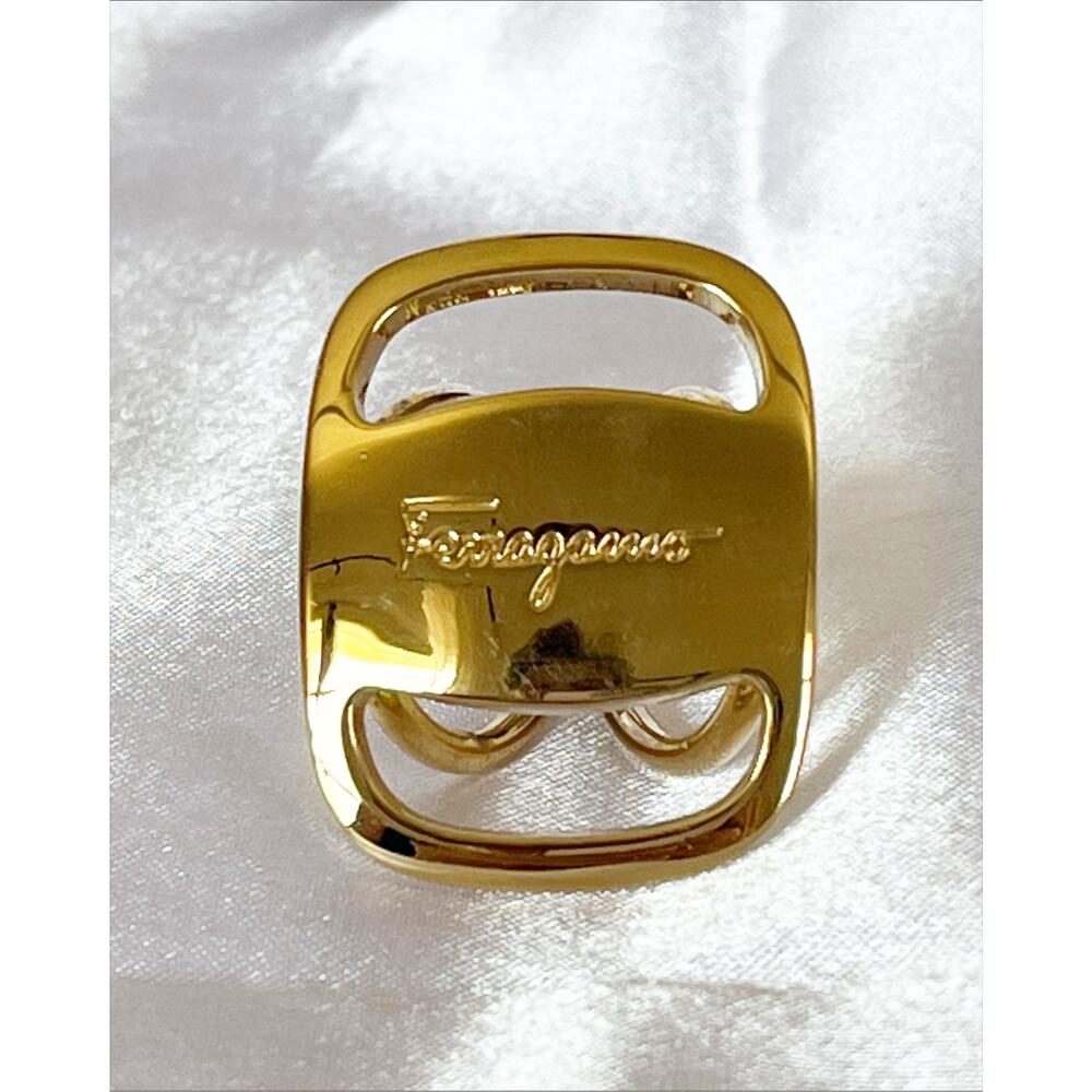 SALVATORE FERRAGAMO Scarf Ring Gold Tone Metal Logo Stamped Script Signature.